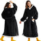 Ovesized Wearable Blanket Hoodie, Long Sherpa Fleece Blanket Sweatshirt, with Warm Big Hood, Side Split and Belt, Black, Standard Adult
