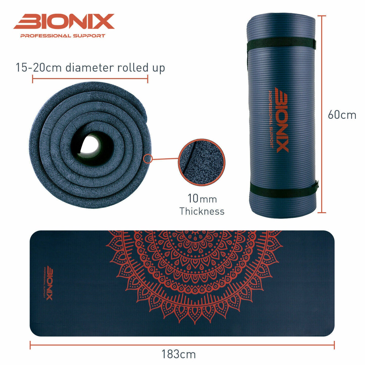 Premium 183x60cm Non-Slip Yoga Mat - 10mm Thick NBR with Carry Strap for Fitness and Pilates